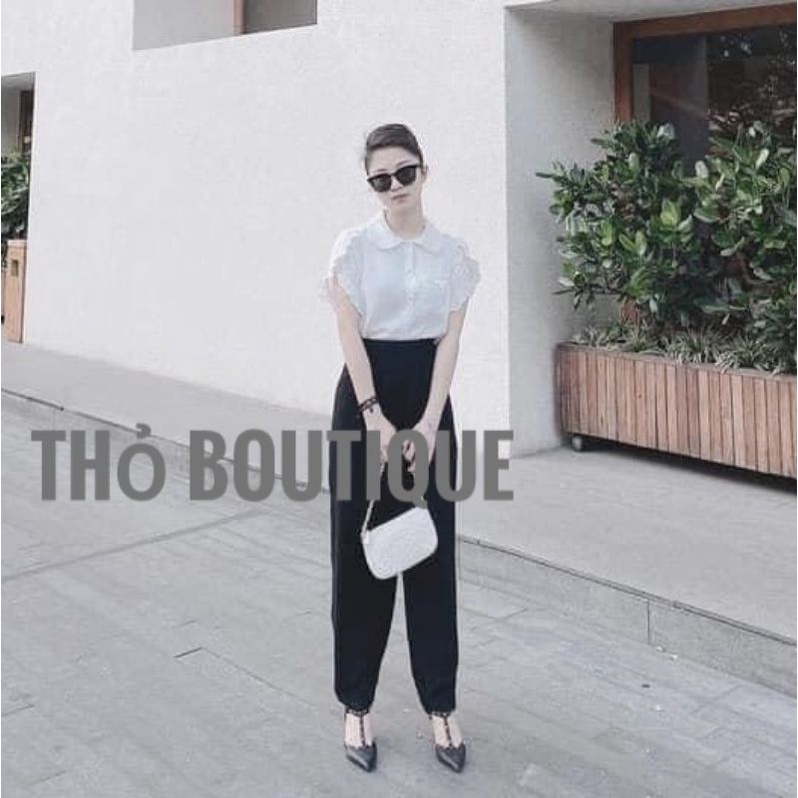 Áo sơ mi ZARA xuất Âu xịn lụa kate cổ sen tay ngắn cánh bướm viền bèo trắng túi ngực