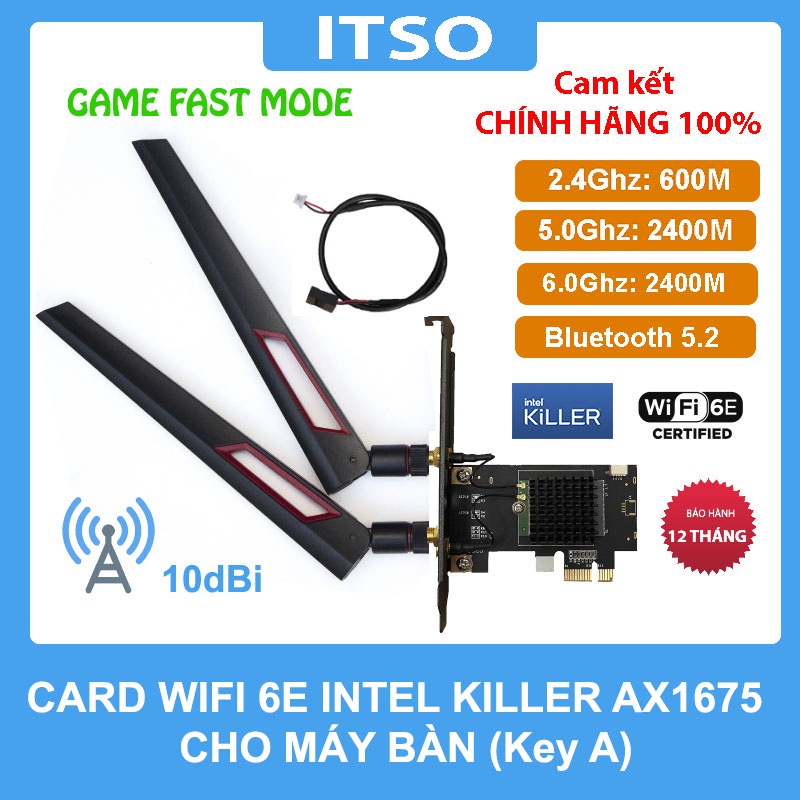 Card WIFI 6E Intel Killer AX1675 dùng khe cắm PCIe tích hợp Bluetooth 5.2 có tản nhiệt cho máy bàn