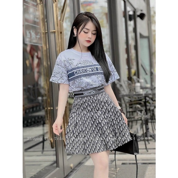 Set bộ áo váy họa tiết có lót