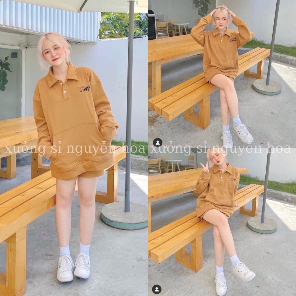 Bộ thun nữ thu đông form rộng phong cách unisex kiểu màu nâu tây chất thun dày dặn xưởng sỉ nguyễn hoa