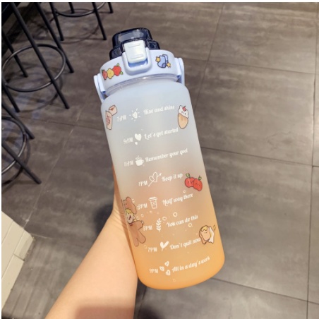 Bình đựng nước 2 lít chia vạch thời gian nhắc nhở tập gym thể thao đi học làm việc cute dễ thương loại 2000ml GIKO
