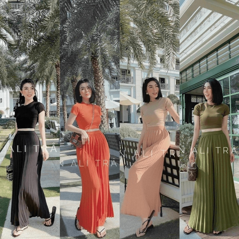SÉT BỘ LỤA DẬP LY NỮ DÁNG ÁO CROPTOP KHOE EO THON DÁNG XINH HHP