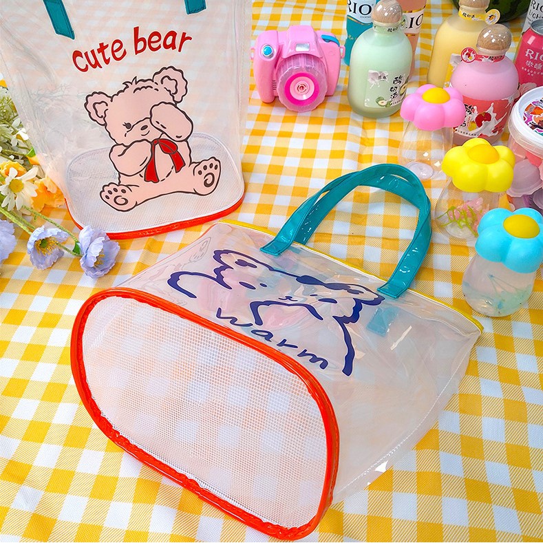 Túi Xách Trong Suốt In Hình Gấu Hoạt Hình Dễ Thương Có Dây Đeo Và Ngăn Chứa Lớn Cho Nữ