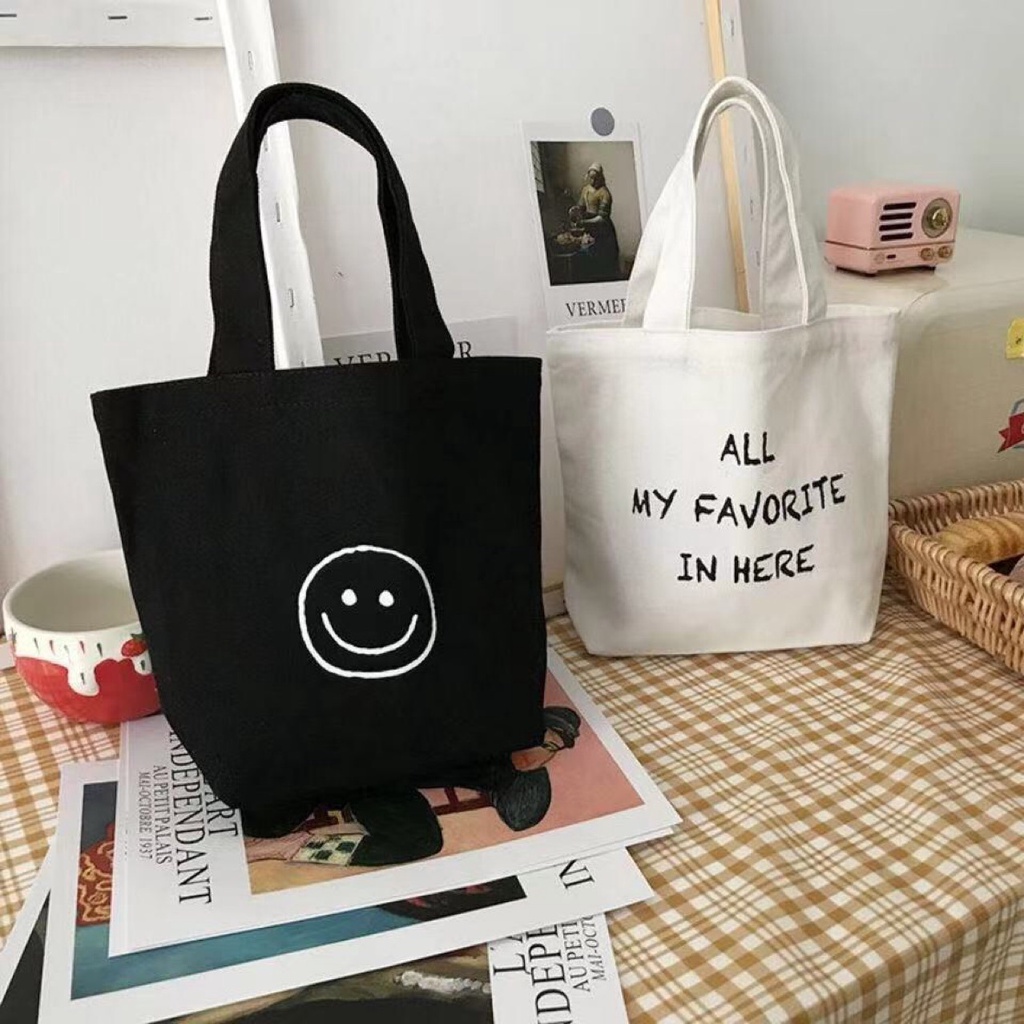 Túi Xách Mini Vải Canvas Họa Tiết Mặt Cười Dễ Thương Phong Cách Hàn Quốc 2022