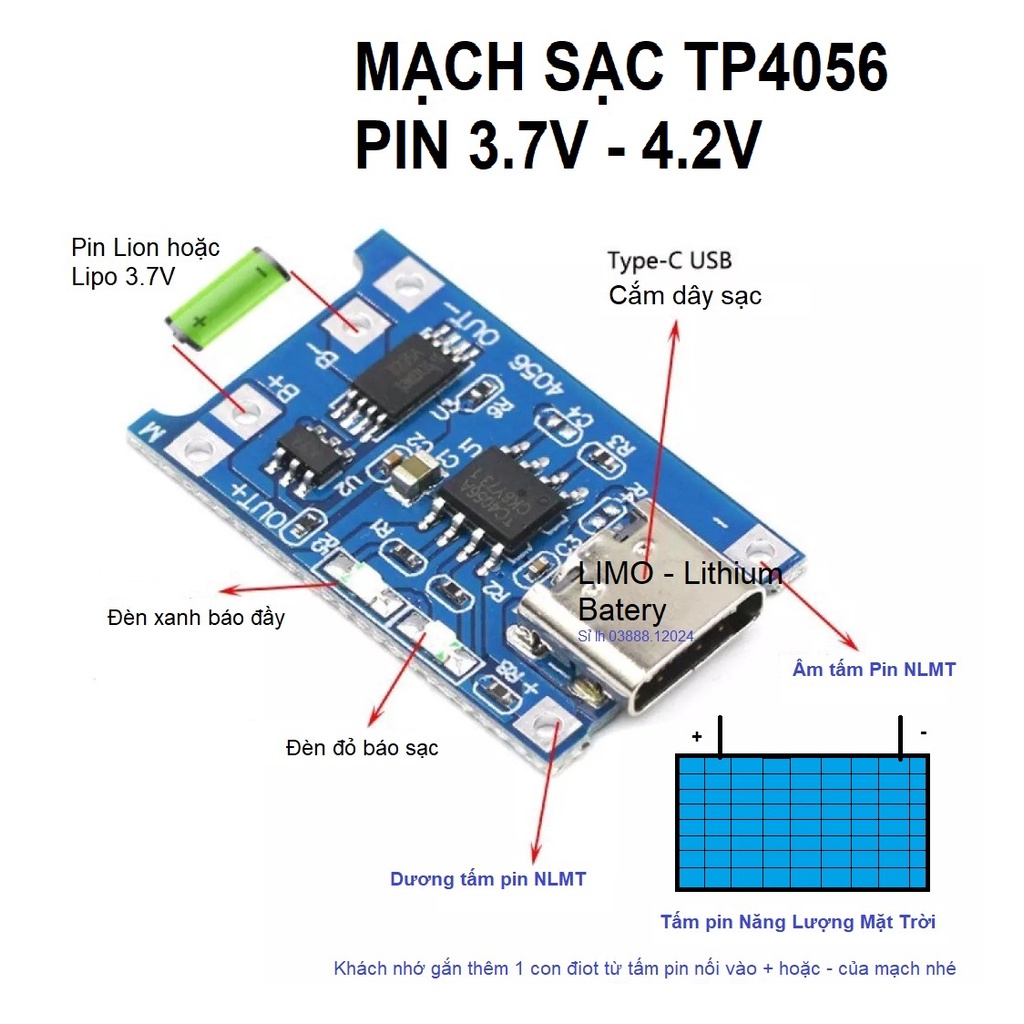 Mạch sạc TP4056 mẫu Sịn, cổng sạc type C . Mạch sạc 1S cell 18650 - LIMO