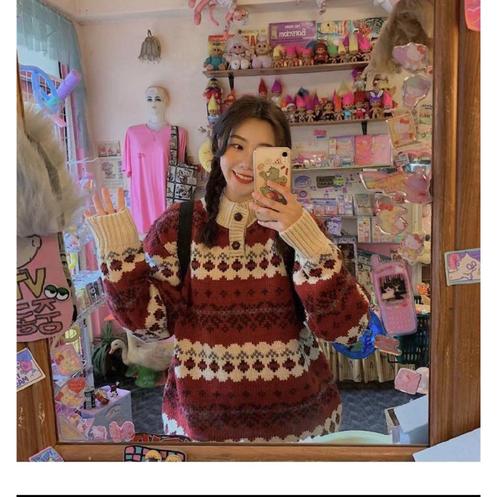 Áo sweater dệt kim dáng rộng thời trang thu đông phong cách Hàn Quốc cho nữ