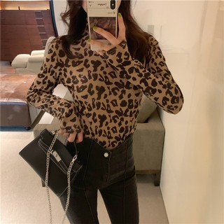 Áo thun nữ tay dài ôm body tôn dáng màu da beo báo cổ cao ulzzang