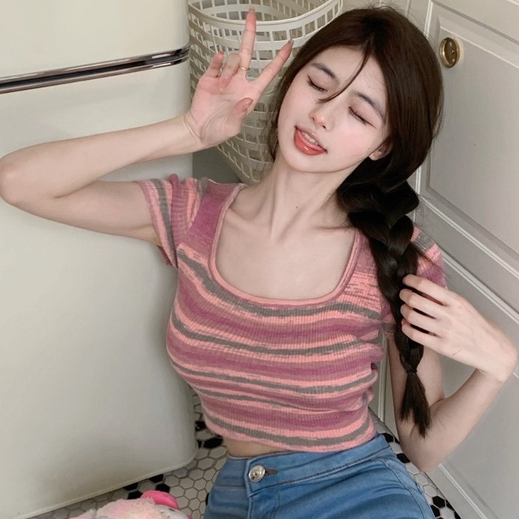 Áo Thun Lửng Tay Ngắn Họa Tiết Sọc Ngang Thời Trang Dành Cho Nữ
