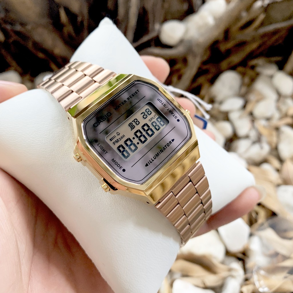 Đồng hồ điện tử nữ dây thép Casio standard A168 Rose Gold