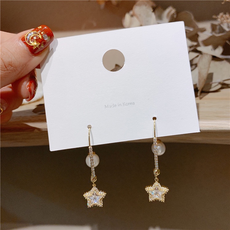 Bông tai dáng dài hình ngôi sao năm cánh đính đá thời trang