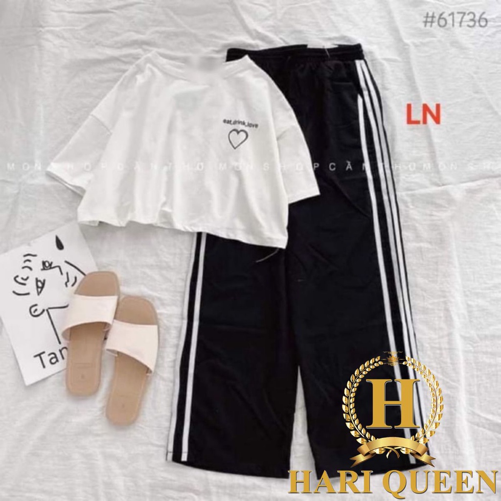 Sét áo croptop tim ngực + quần ống rộng ba sọc HARI0321