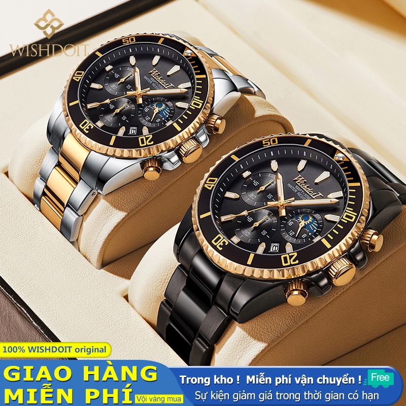 Đồng Hồ Nam WISHDOIT Thạch Anh Vàng Dây Thép Không Gỉ 100% Chính Hãng Chống Thấm Nước Phong Cách Doanh Nhân Màu Đen