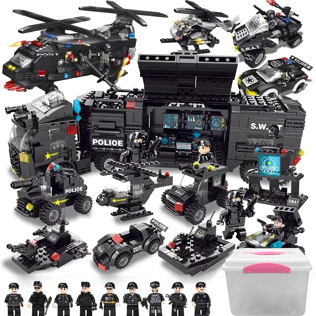Bộ đồ chơi lắp ráp cảnh sát, mô hình lắp ráp swat, máy bay quân sự kèm lính swat đồ chơi cho bé
