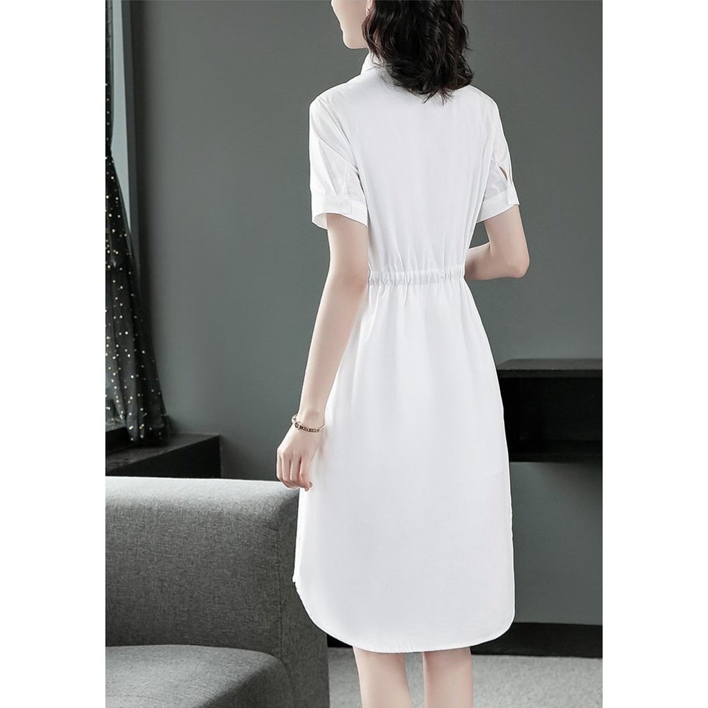 Đầm suông nữ tay ngắn cổ sơ mi in hoa kèm dây rút eo