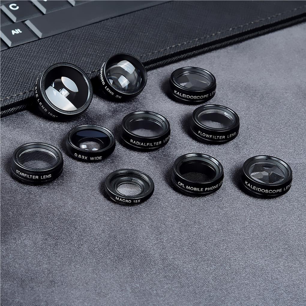 Bộ Ống Kính HD Chuyên Nghiệp 10 Trong 1 HD Zoom HD / 198°Bộ Lọc Ống Kính Fisheye / Wide Angle / Macro Lens / Kaleidoscope 3 Và 6 / 4 Dòng