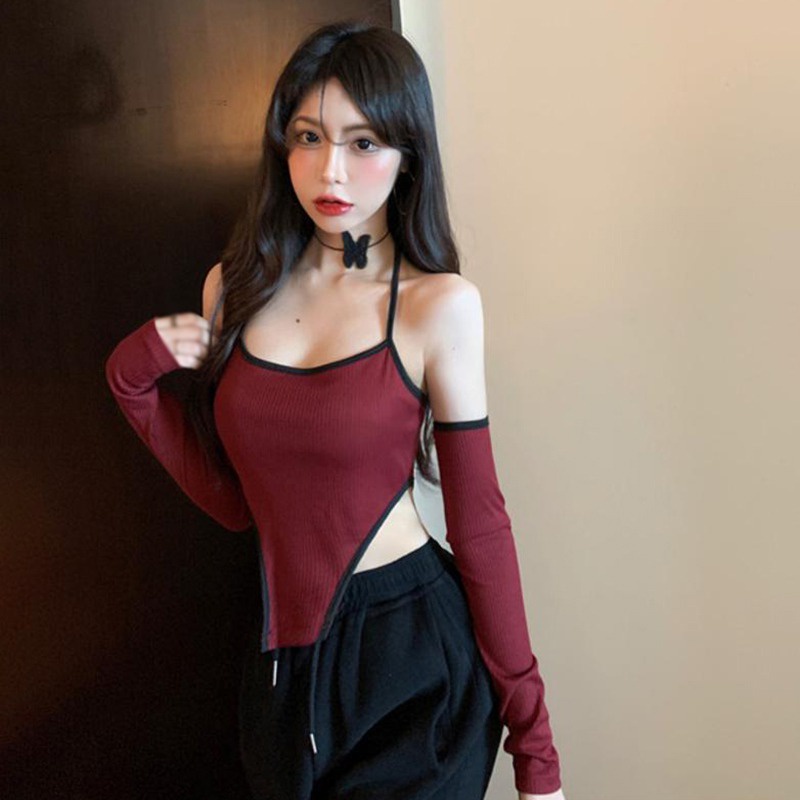 Áo thun tay dài dáng ôm thiết kế lệch tà phong cách Hàn Quốc quyến rũ