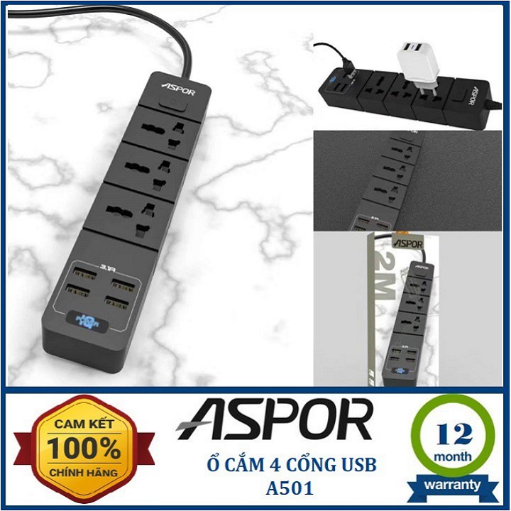 Ổ cắm điện, Ổ Cắm điện thông minh Aspor A501EU Hỗ trợ sạc nhanh 3.1A Với 4 Cổng USB,Dây dài 2M Tiêu Chuẩn EU