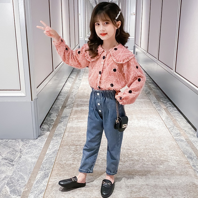 [SALE BV53⚡Size110-160 (12-45kg)⚡Đồ bộ cho bé gái, áo sơ mi + quần jean⚡Thời trang trẻ Em hàng quảng châu freeship