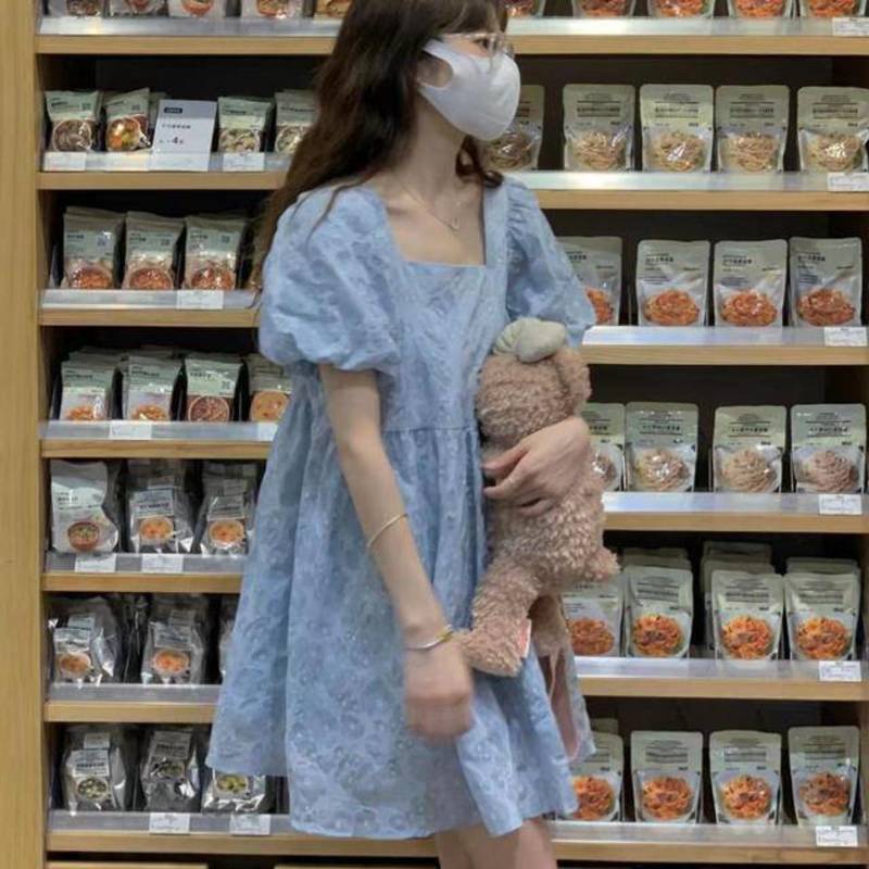 Đầm Chữ A Tay Phồng Cổ Vuông Màu Xanh Dương Phong Cách Pháp Thời Trang Mùa Hè