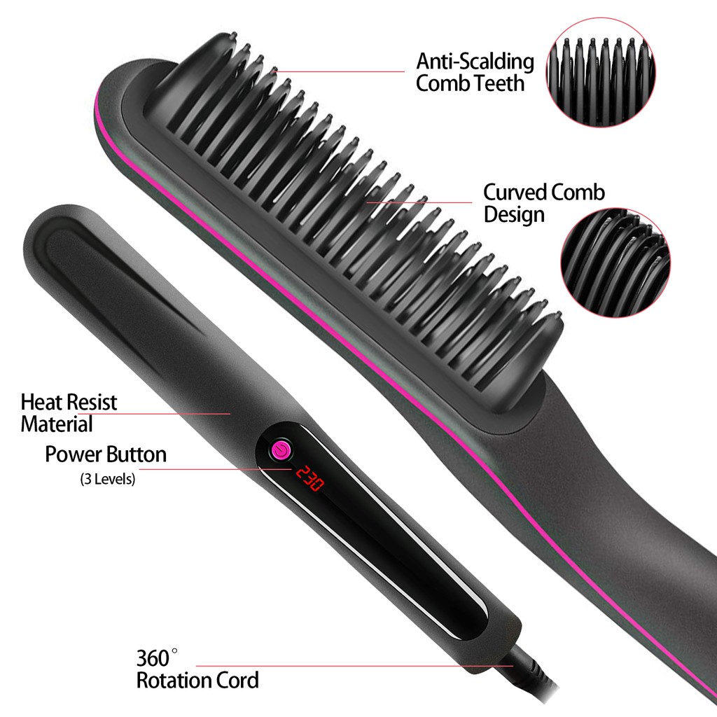 Ubeator 2 In1 Button Fast Smoothing Straightener Brush Ceramic Heating Temperature Screen LCD Men Beard Curler