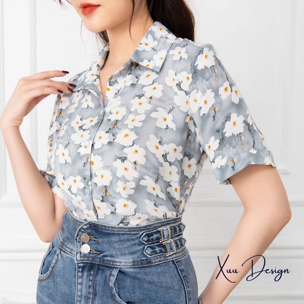 Áo sơ mi nữ cộc tay họa tiết Xuu Design, Sơ mi kiểu thiết kế hoa cúc trẻ trung chất vải mềm mát lên dáng đẹp - SK10