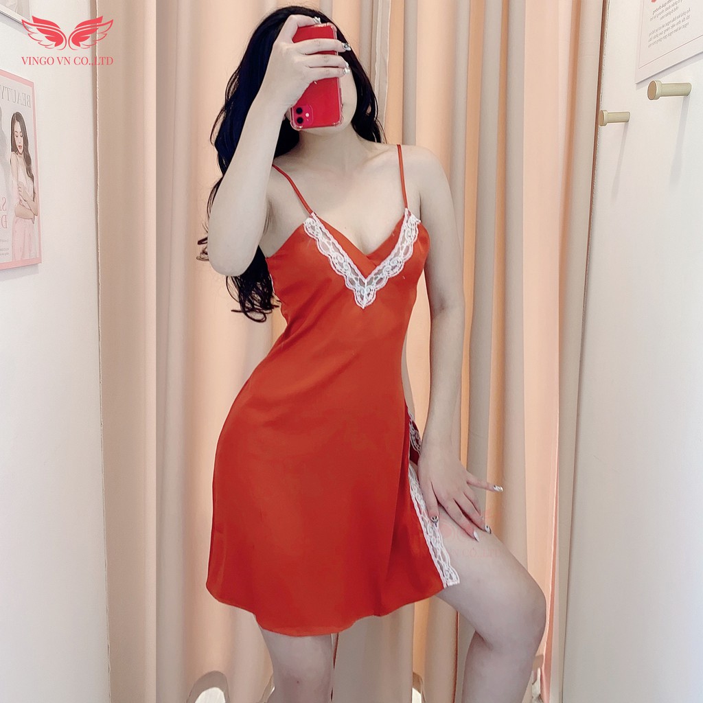 VINGO Váy Ngủ 2 Dây Nữ Mặc Nhà Lụa Pháp Cao Cấp Liền Thân Xẻ Tà 1 Bên Phối Viền Ren Tinh Tế Gợi Cảm N268 VNGO | BigBuy360 - bigbuy360.vn