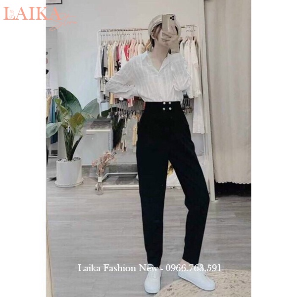 Quần baggy cạp cao công sở nữ phối 4 cúc bấm màu Đen dáng quần tây nữ lưng cao đi học làm công sở vải tuyết mưa dày mềm