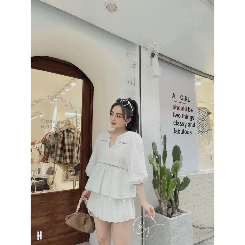 Áo peplum trắng viền ren