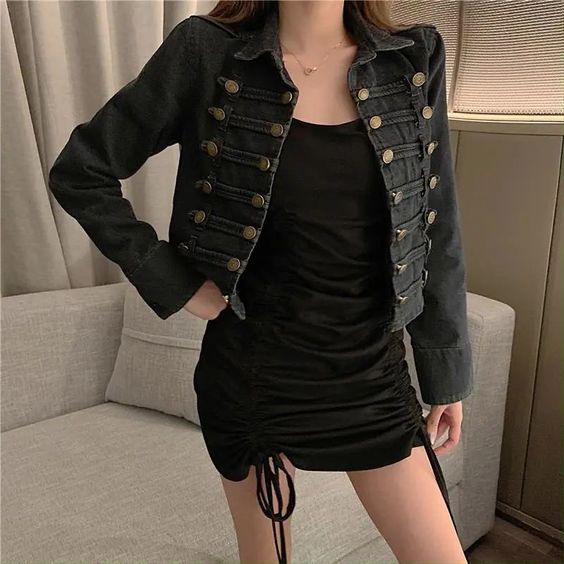 Áo khoác denim tay dài cổ đứng dáng ôm thời trang mùa thu 2020 cho nữ