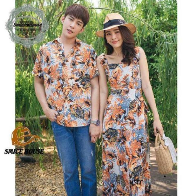 &lt;3 Freeship &lt;3 SET ÁO VÁY HOA ĐÔI ĐI BIỂN ĐẸP ĐỒ CẶP TÌNH NHÂN ÁO SƠ MI ĐẦM XẺ TÀ DÀI