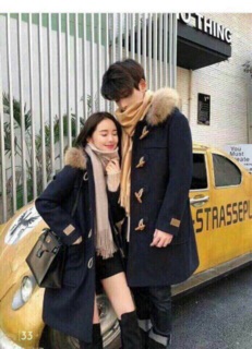 Áo khoá dạ dáng dài khuy sừng mũ lông