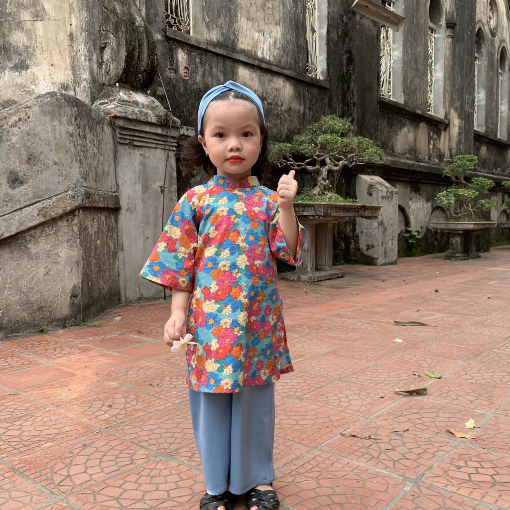 Áo dài cho bé gái Samkids  chất liệu thô cotton quần lụa ngọc trai, họa tiết hoa cực xinh cho bé
