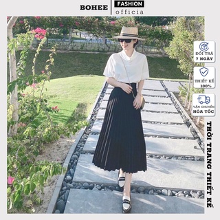 Chân váy xếp ly dài vải sạn cạp cao tôn dáng hàng thiết kế cao cấp BOHEE CV50