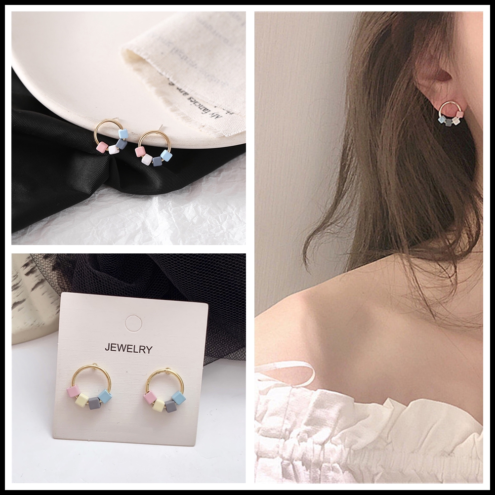 Bông Tai Hình Khối Nhiều Màu Sắc Dễ Thương