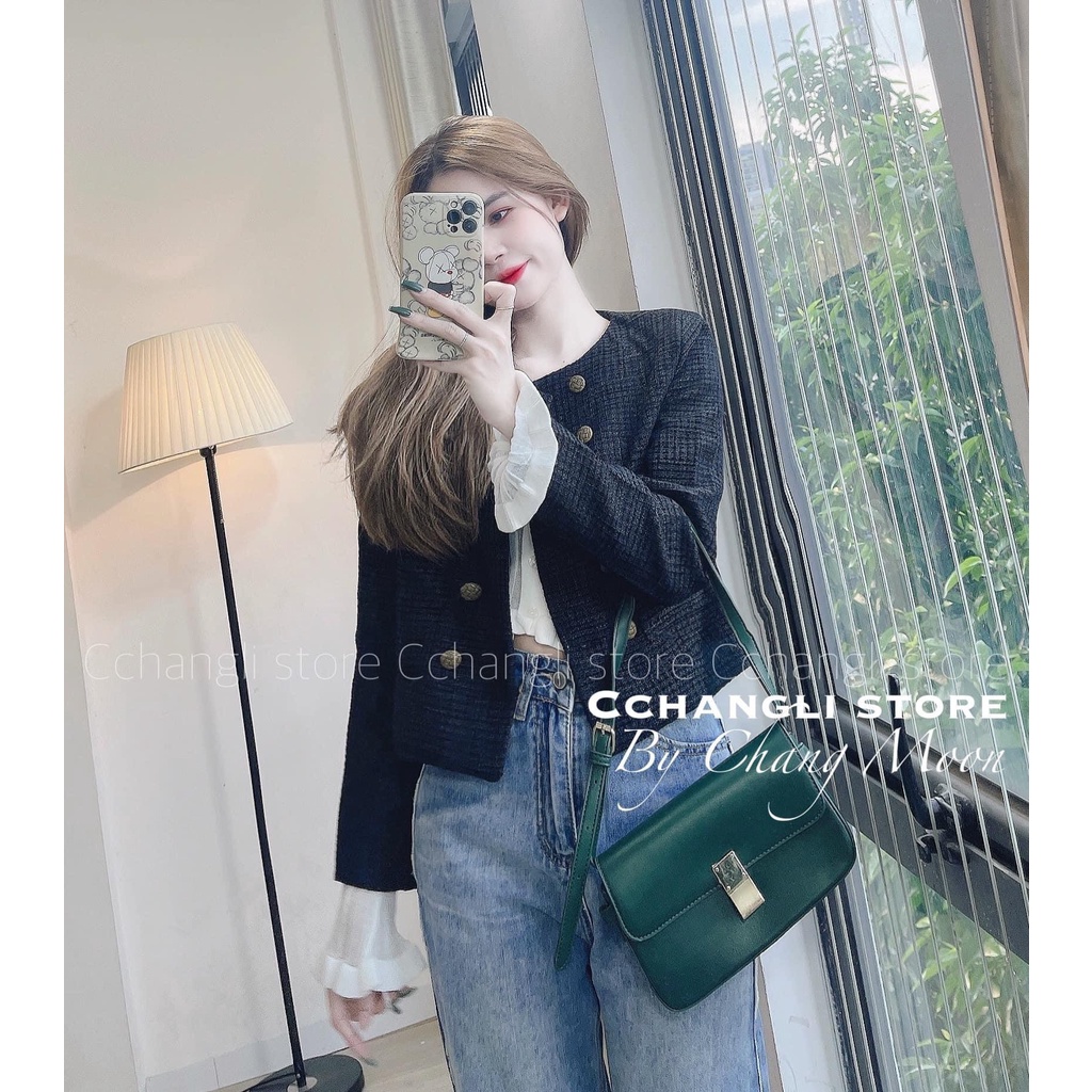 Áo khoác dạ tweed 2 lớp dày dặn cúc đồng vintage,Áo khoác dạ nữ trẻ trung cực xinh