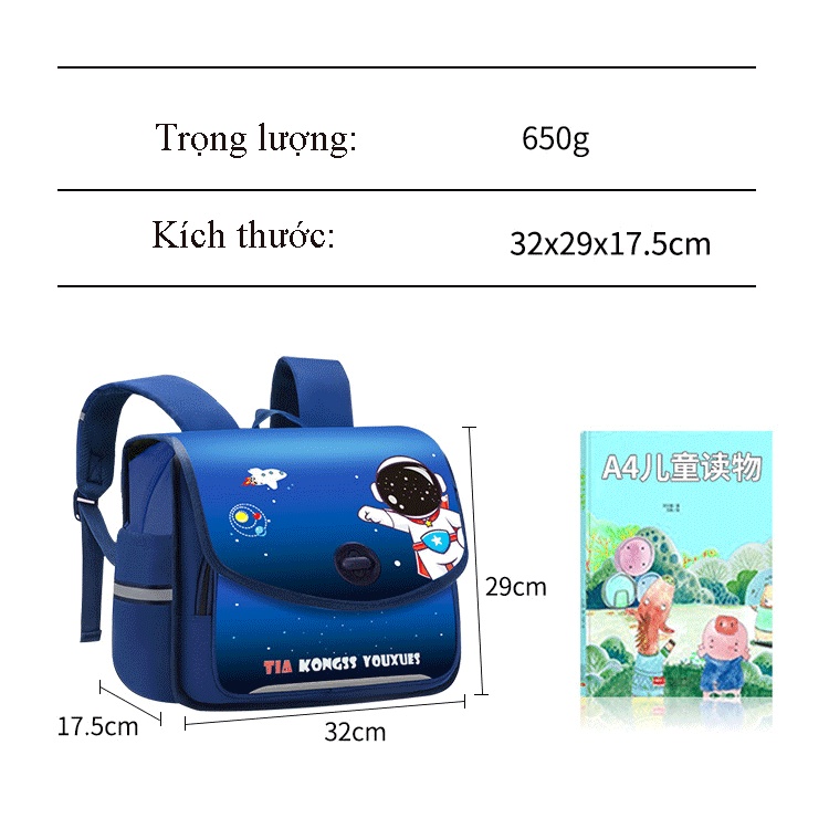 Cặp sách chống gù lưng cho bé trai gái tiểu học chống thấm nước form cứng, balo học sinh cấp 1 hình phi hành gia