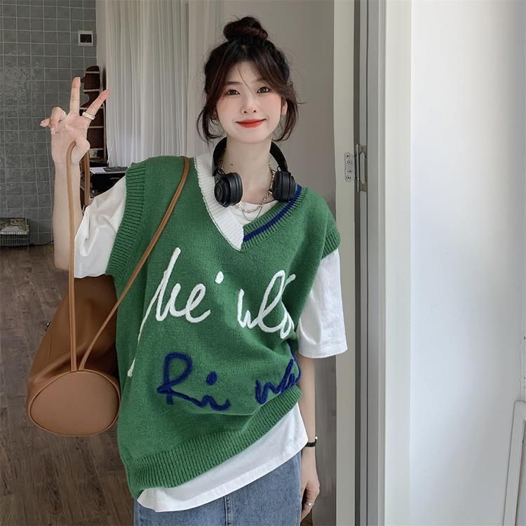 Áo Dệt Kim Sát Nách Dáng Rộng In Chữ Phối Màu Mới Trẻ Trung Cho