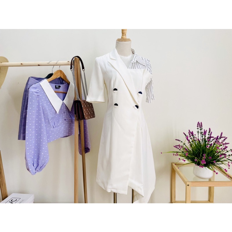 Đầm sơmi phối kẻ sọc tà váy xéo cao cấp Vero Moda