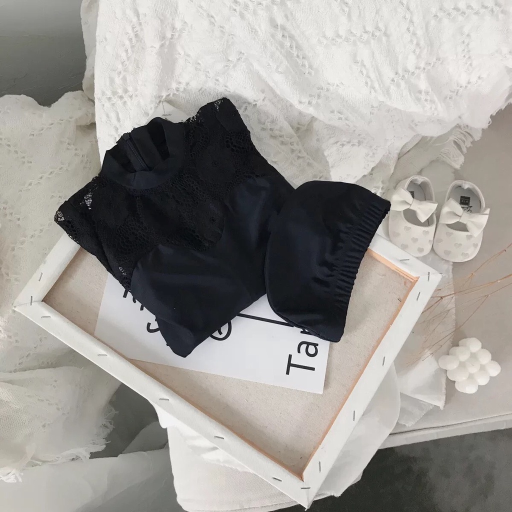 212003 Đầm bơi liền quần dài tay phối ren kèm mũ cho bé cao 80-140cm hàng nhập