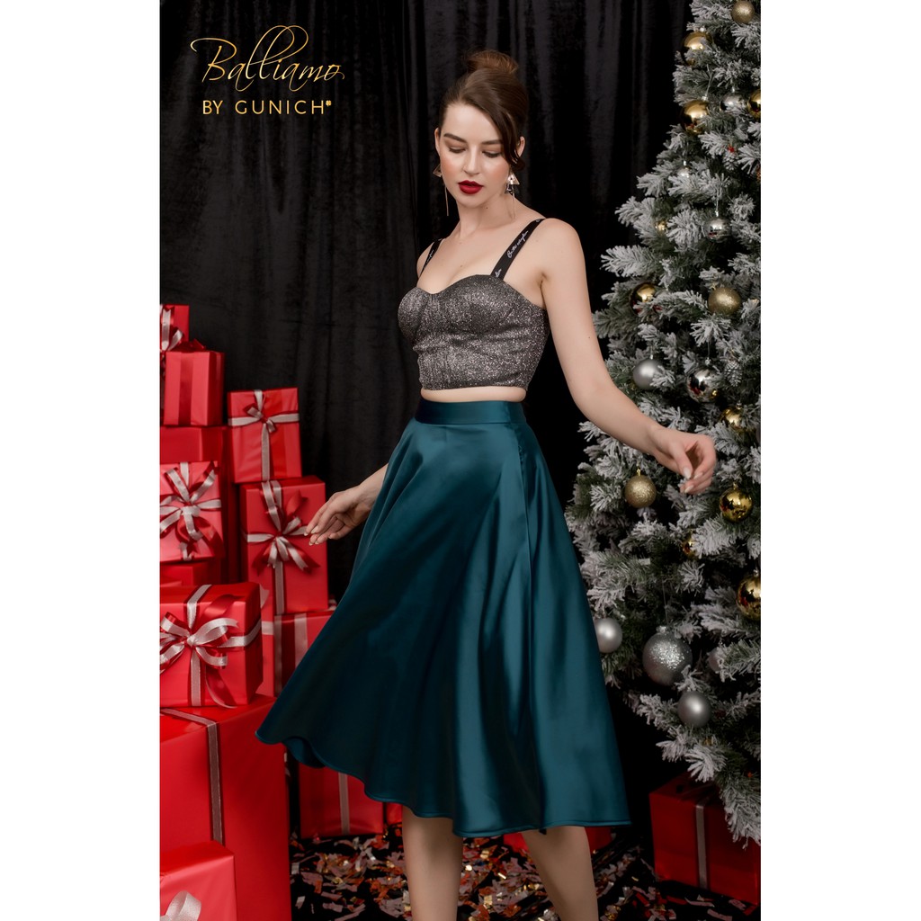 [Mã FAMALLT5 giảm 15% đơn 150k] Chân váy lụa xanh midnight midi dáng xòe Gunich