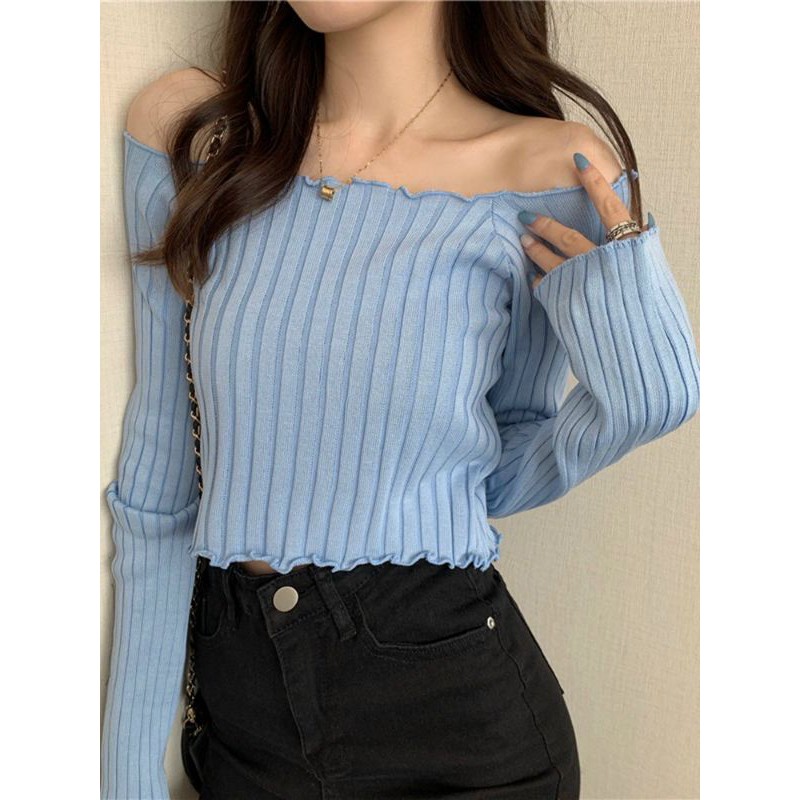 Áo len trễ vai bèo croptop hàng QC
