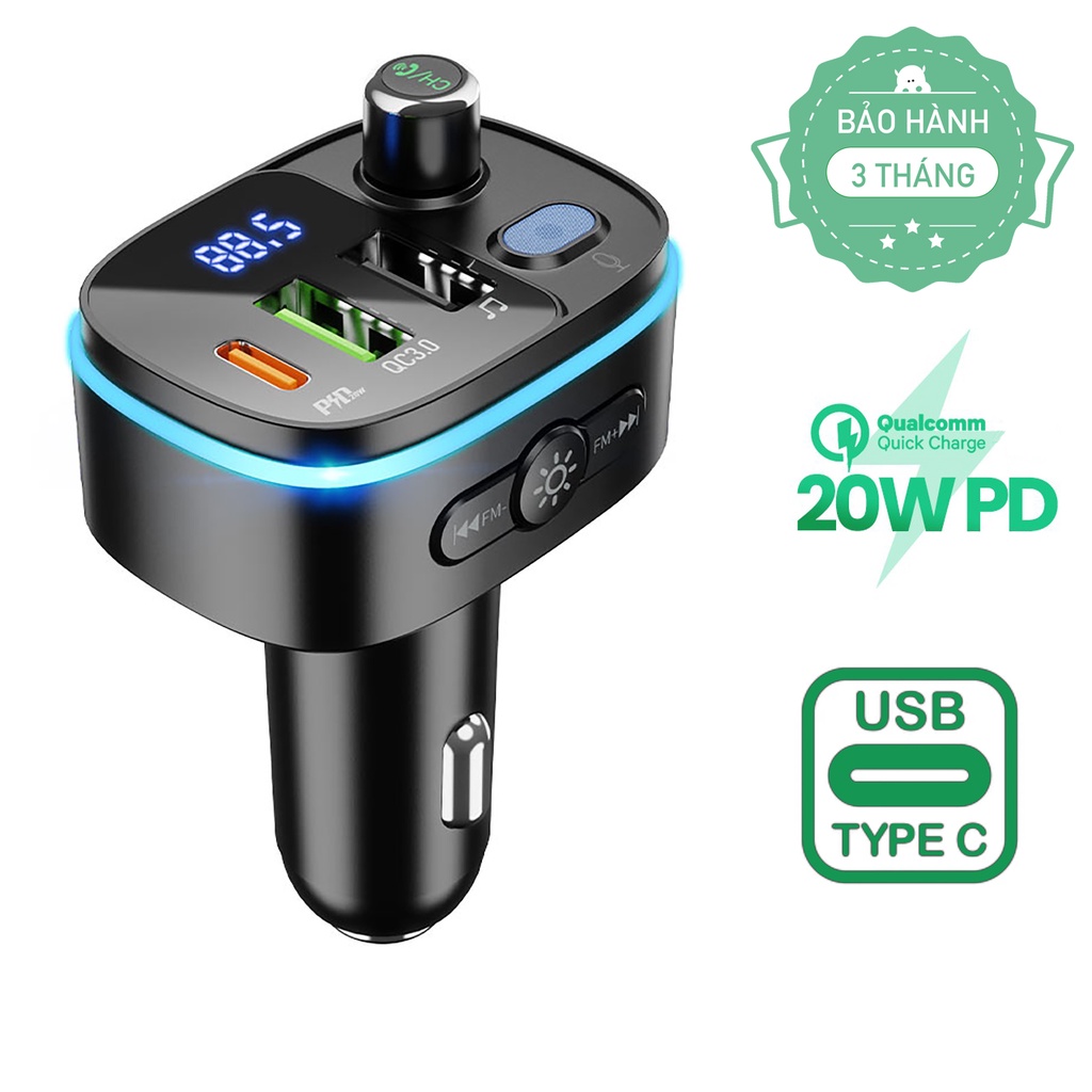 Tẩu cốc sạc ô tô xe hơi E62 Fast BT v5.0, FM, hỗ trợ sạc nhanh chuẩn USB QC 18W và sạc Type-C PD 20W phát đài FM