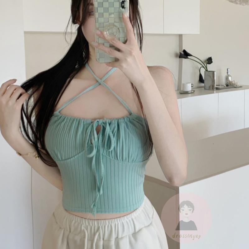 DRE-Women Tank Tops, Sleeveless Hanging Neck Solid Color Casual Party Club Blue Short Tank Tops