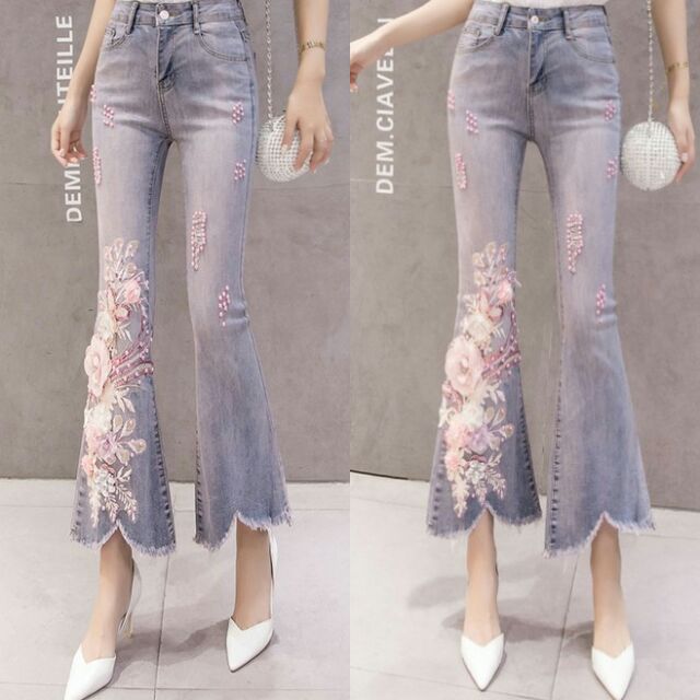 Quần Ống Bast Thêu hoa hồng jean hồng khói -- Oder