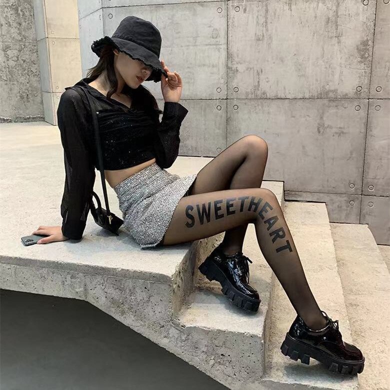 Printed Scale Silk Stockings Sexy Girl Silky Ultra-thin Arbitrary Cut Anti-hook Silk Letters Panty Women Tights Black Pantyhose