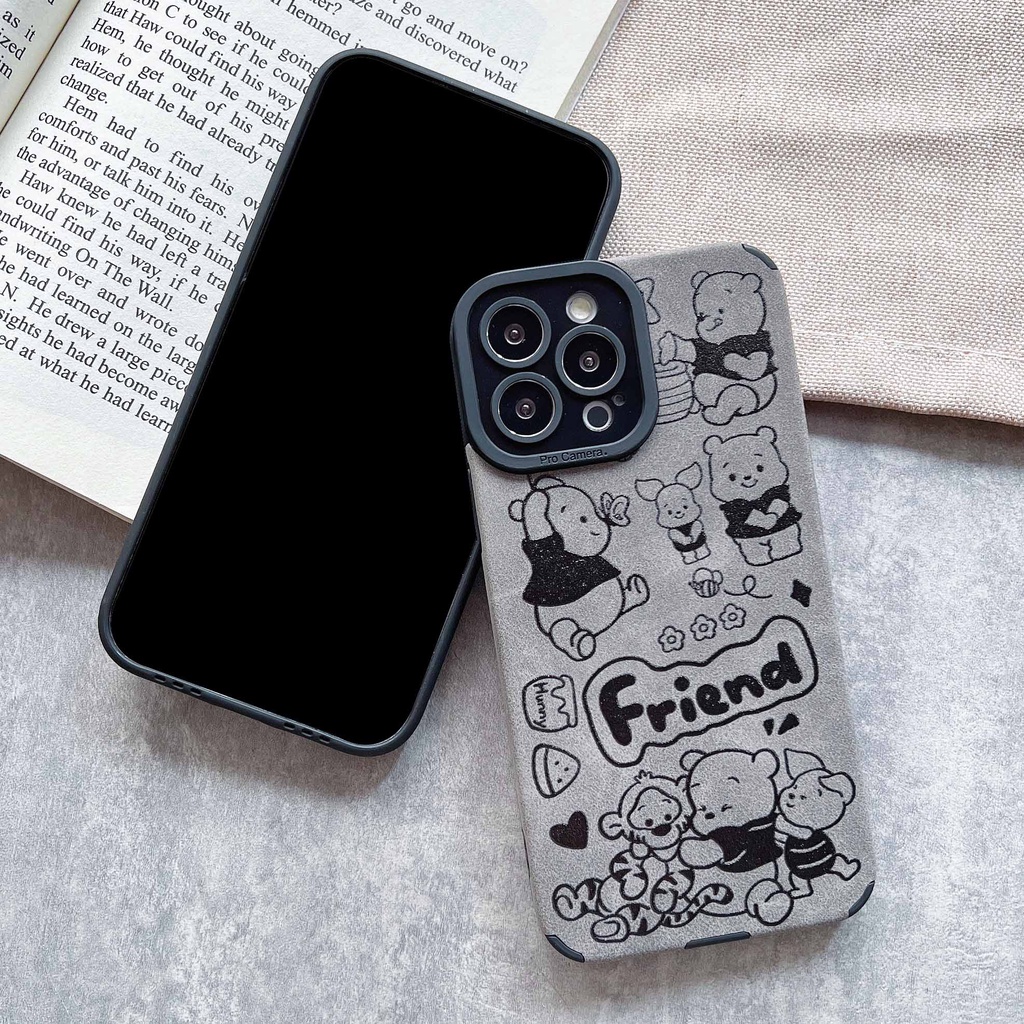 Ốp Điện Thoại Da Lộn Mềm Họa Tiết Gấu Cười Sang Trọng Cho iPhone 14ProMax 13 12Pro 11Promax