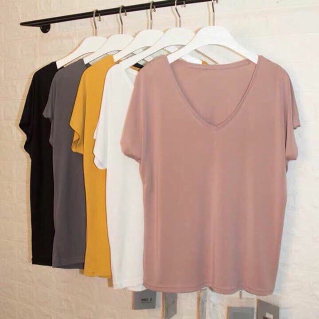 Áo Thun Suông Trơn Lụa Giấy Cổ Tim Nữ  Nana's House - FREESHIP  Áo phông dáng rộng basic, chất liệu cao cấp Ulzzang