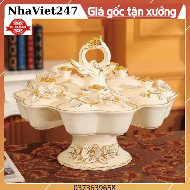 Khay Mứt Bánh Kẹo Bằng Gốm Sứ Vẽ Vàng, Hoạ Tiết 3D Đắp Nổi,Nhập Khẩu-vật trang trí Bàn,tủ,quà tặng đẹp ,giá rẻ