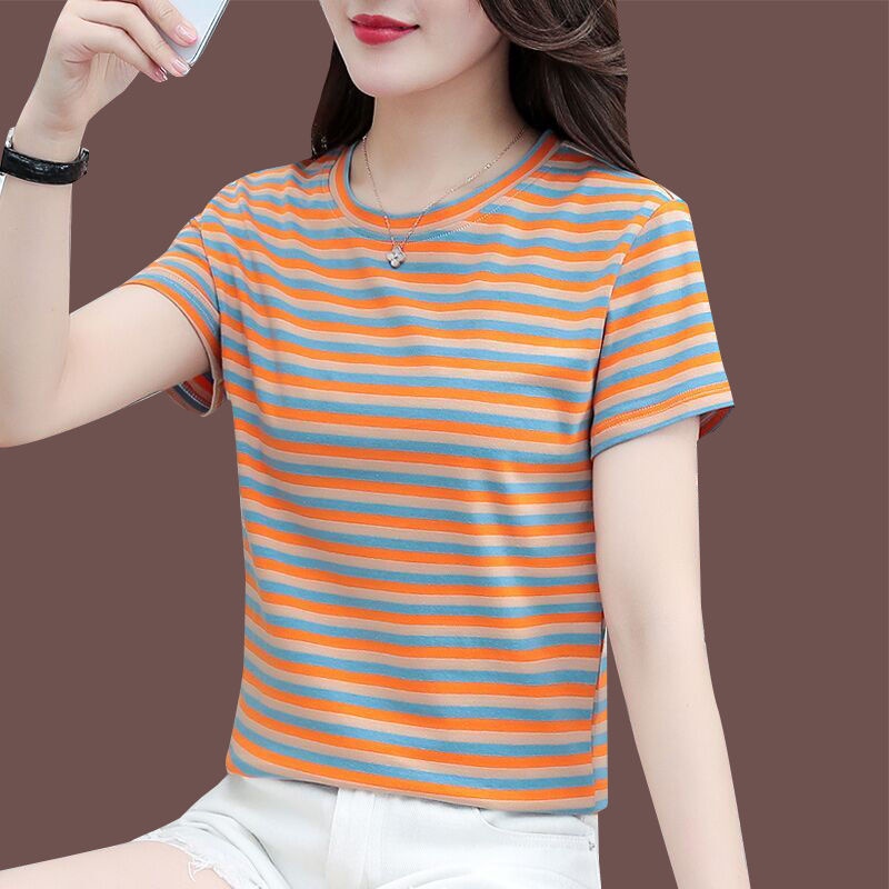 Áo Thun Tay Ngắn Dáng Rộng Mỏng Họa Tiết Kẻ Sọc Thời Trang Cao Cấp Dành Cho Nữ Trung Niên