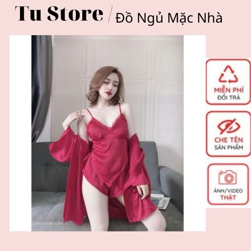 Áo choàng ngủ⚡FREESHIP⚡ set đồ mặc nhà kèm áo khoác gợi cảm, chất lụa mát, mịn, phom dưới 55kg- tùy chiều cao